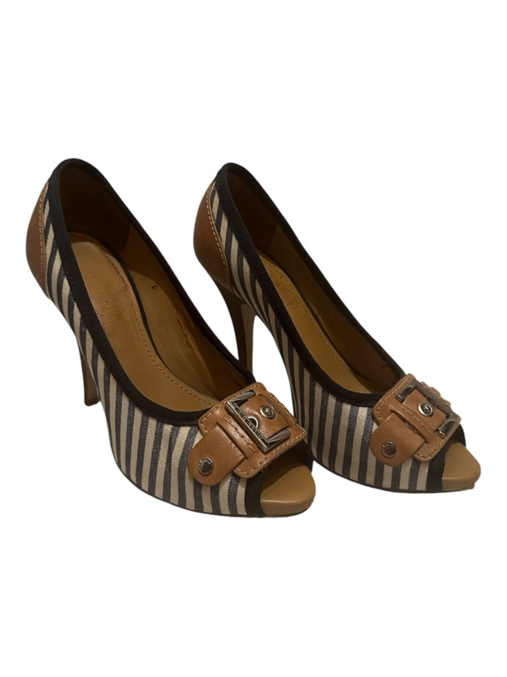 Gianni Bini Tan and Navy Blue Striped Peep-Toe Heels